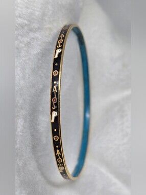 Vintage Black Cloisonné Enamel Bangle Bracelet Gold Floral Blue Interior Sz 8